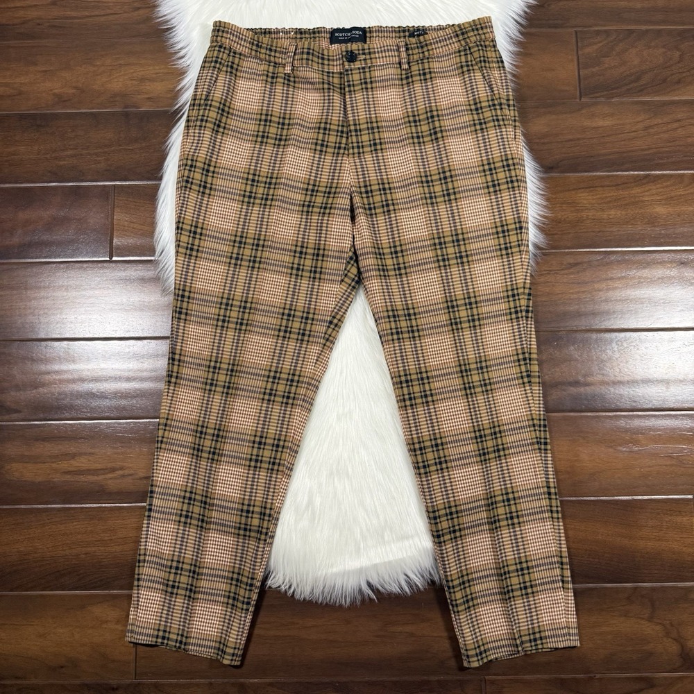 Scotch & Soda Men's Size 36 Mott Slim Fit Trouser Pants Brown‎ Tan Check Plaid